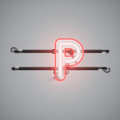 Realistic glowing double neon charcter from a fontset, vector illustration