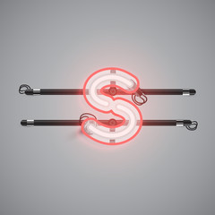 Realistic glowing double neon charcter from a fontset, vector illustration