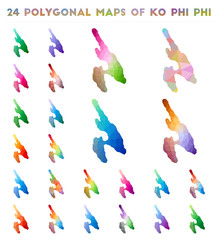 Set of vector polygonal maps of Ko Phi Phi. Bright gradient map of island in low poly style. Multicolored Ko Phi Phi map in geometric style for your infographics.