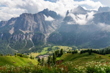 Scenic view of mountain valley and village of Colfosco in the Italian Dolomites. Italian Alps, Alto Adige, Corvara in Badia.