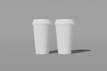 Set of two white paper mockup cup with a lid on a grey background. 3D rendering