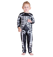 Young boy in a black skeleton costume