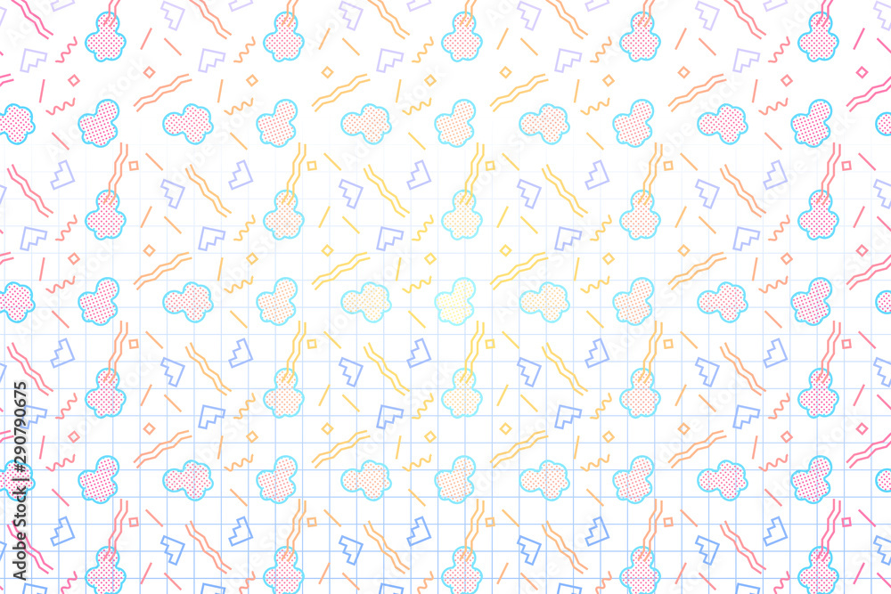 Poster abstract background with 80s memphis geometics style pattern and pale psychedelic colors