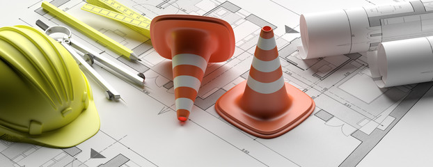 Project construction site, blueprints, hardhat and construction cones, banner. 3d illustration
