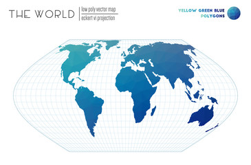 World map with vibrant triangles. Eckert VI projection of the world. Yellow, Green, and Blue colored polygons. Awesome vector illustration.