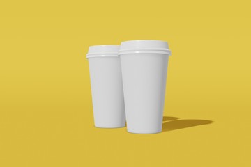 Set of two white paper mockup cup with a lid on a yellow background. 3D rendering