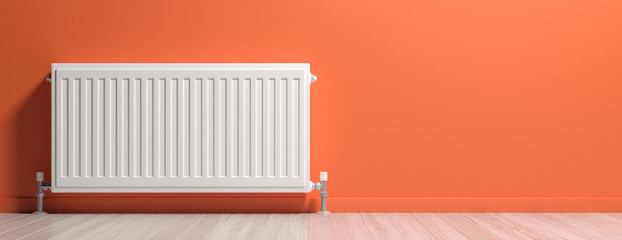Radiator, wood floor, orange wall background, banner. 3d illustration