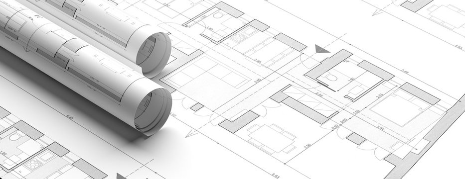 Residential building blueprint plans, banner. 3d illustration