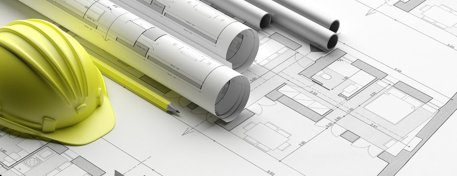 Residential building blueprint plans, banner. 3d illustration