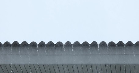 Rain from the roof of the house, heavy rain, stormy wind, rain drops