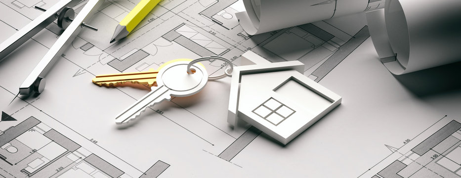 House keys and construction blueprint plans, banner. Residential development project. 3d illustration
