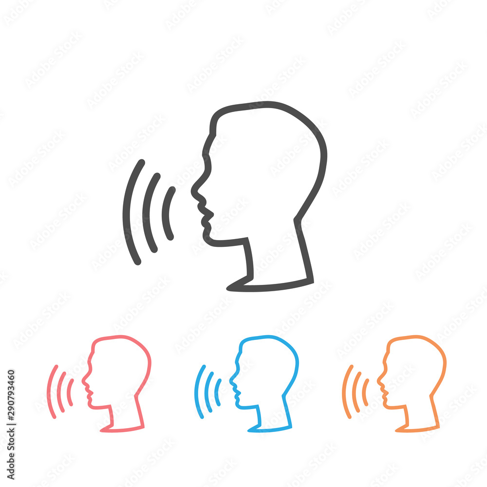 Poster voice control icon set. speak or talk recognition linear icon, speaking and talking command, sound c
