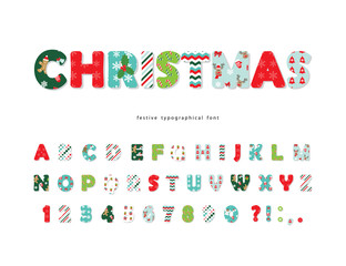 Christmas decorative font. All patterns are full under clipping mask. Vector