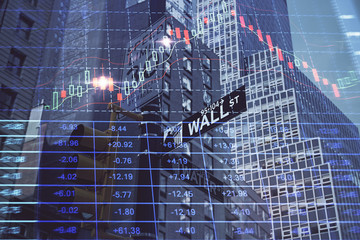 Forex chart on cityscape with tall buildings background multi exposure. Financial research concept.