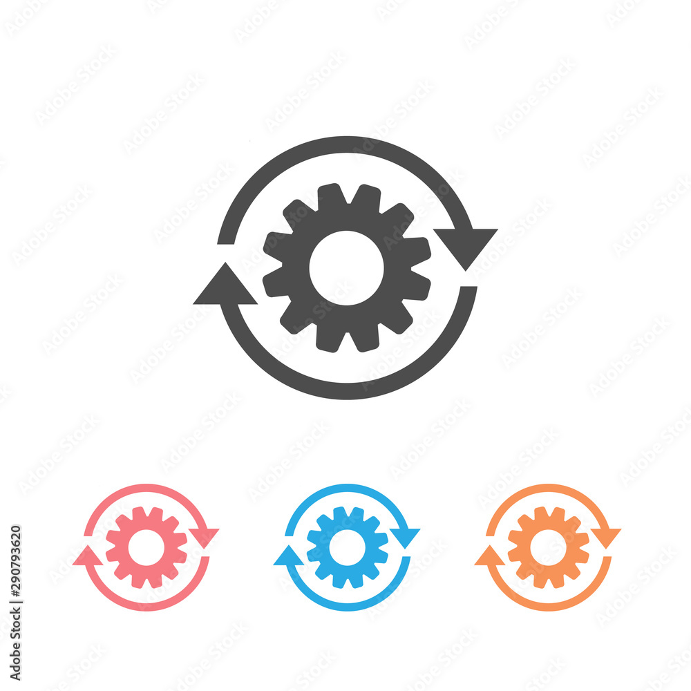 Poster workflow process icon set in flat style. gear cog wheel with arrows vector illustration on white iso