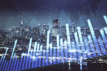 Financial graph on night city scape with tall buildings background double exposure. Analysis concept.
