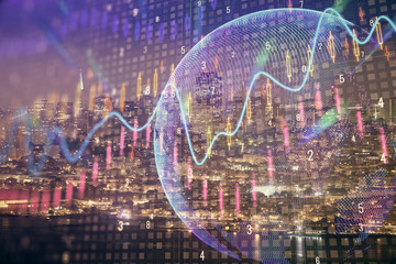 Financial graph on night city scape with tall buildings background double exposure. Analysis concept.