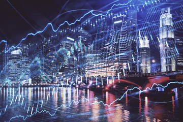 Financial chart on city scape with tall buildings background multi exposure. Analysis concept.