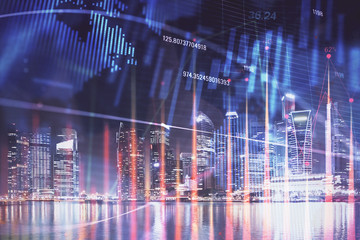 Financial chart on city scape with tall buildings background multi exposure. Analysis concept.
