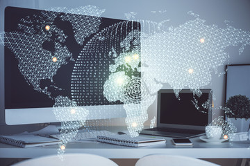 Multi exposure of business theme icons and table with computer background. Concept of success.