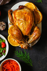 Traditional Thanksgiving day chicken or turkey, Christmas festive table setting (food table, a lot of dishes) menu concept. food background. copy space. Top view