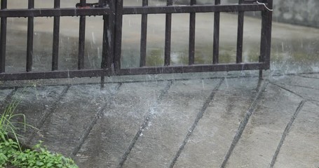 Rain and doorway, heavy rain, stormy wind, rain drops, country nature