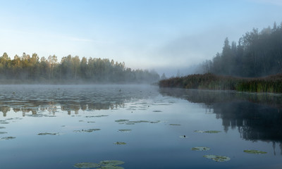 Beautiful morning fog on the lake. Forest, lake,  in the fog. Mysterious fog