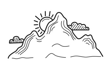 Hand drawn Mountains and Clouds isolated on a white. Vector illustration.