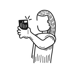 Hand drawn Girl takes Pictures isolated on a white. Vector illustration.