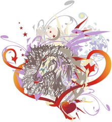 Horse head in the heart form colorful splashes. Abstract horse head with feathers, arrows and floral elements formed in the heart