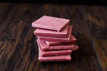 Ruby Chocolate Pieces. New Type of Processing Cocoa Beans.