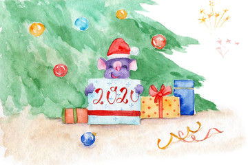 watercolor drawing - christmas mouse under the christmas tree with gifts