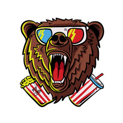 roaring bear wearing eyeglass with pop corn vector illustration / grizzly roaring bear watching movie 