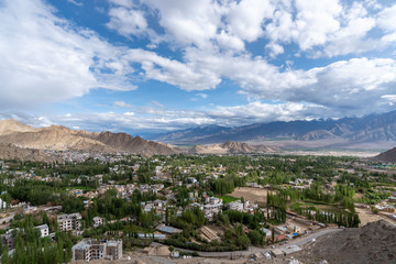 Fototapeta na wymiar Landscape view of Leh Ladakh city in India, beautiful and famous place with Himalay snow mountain for travel.