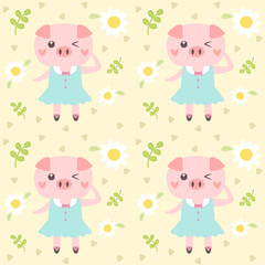 Seamless pattern cute pig and little flower.