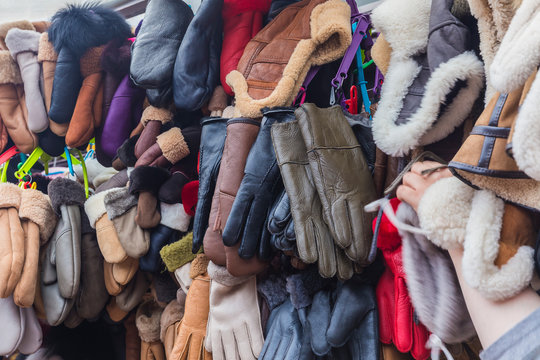 Fur Leather Mittens And Caps Sold On The Market