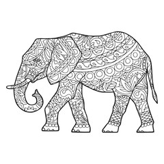 Vector illustration of the festive elephant. The picture is drawn with a pencil. An adult elephant in the ethnos style with ornaments and patterns of black and white color.