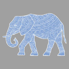 Vector illustration of the festive elephant. The picture is drawn with a pencil. An adult elephant in the ethnos style with ornaments and patterns 