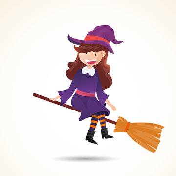 A cute little witch with a broom. Halloween witch kids costume character design vector on isolated background.