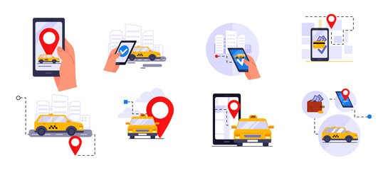 Call a Taxi. Car selection and navigation in the city with an emphasis on fare. Set of flat vector illustrations for mobile applications and web sites.