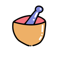 Mortar and pestle icon illustration. Chemical equipment in flat color outlined hand drawn childish doodle style. Color scribble print concept on white background. Kid chemistry and science