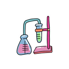 Distillation apparatus with cone flask, cooler and distillate. Hand drawn doodle outline illustration in childish style