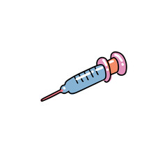 syringe, cartoon medical needle. Chemical equipment in flat color outlined hand drawn childish doodle style. Color scribble print concept on white background. Kid chemistry and science