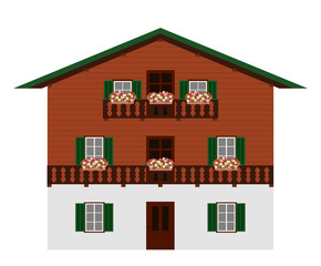 Beautiful traditional austrian wooden mountain house, isolated on white background. Alpine chalet with balconies and flowers. Vector illustration. - 290801016