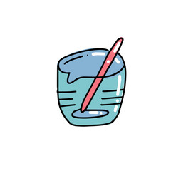 beaker with spout and stick. Chemical equipment in flat color outlined hand drawn childish doodle style. Color scribble print concept on white background. Kid chemistry and science