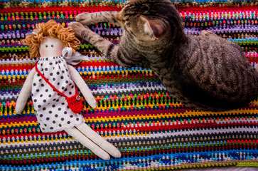 handmade rag doll on crochet blanket in the background, a watchman cat