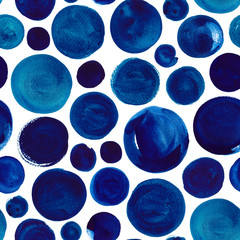Blue polka dot seamless watercolor pattern. Ultramarine watercolor wallpaper.