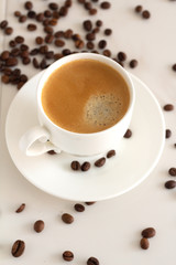 cup of coffee with beans on background