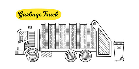 Hand drawn garbage truck isolated on a white. Sketch. Vector illustration.