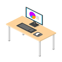 Isometric Workplace WIth Computer Screen with Data Information On The Internet